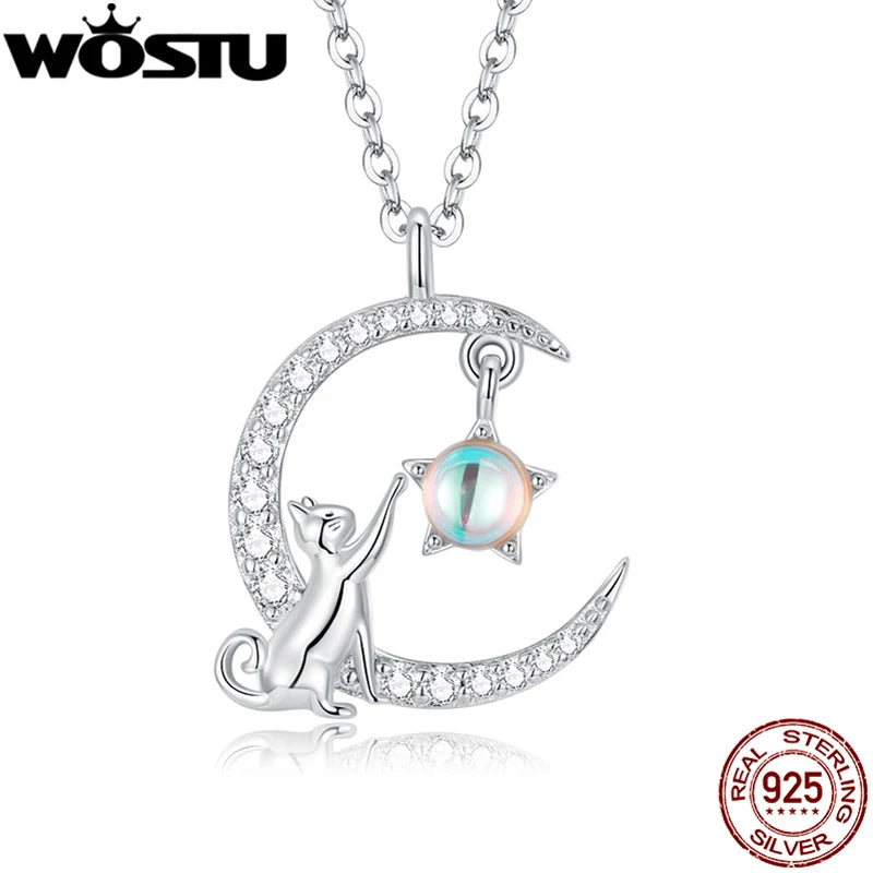 WOSTU 925 Sterling Silver Cat & Rabbit Moon Necklace | Star Zircon Pendant for Women Fine Jewelry Gift
