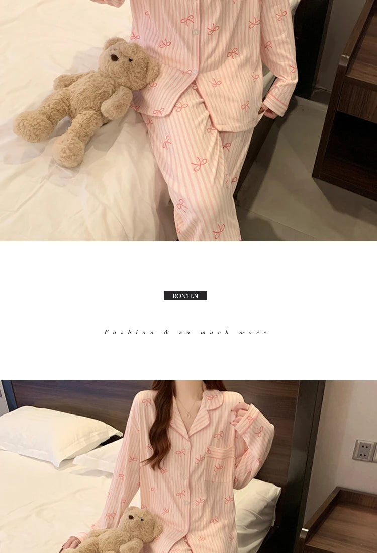 🌸 Pink Bow Pajamas Set for Women 💖 Long Sleeve Top & Elastic Waist Pants 🛌 Harajuku Style Casual Home Wear