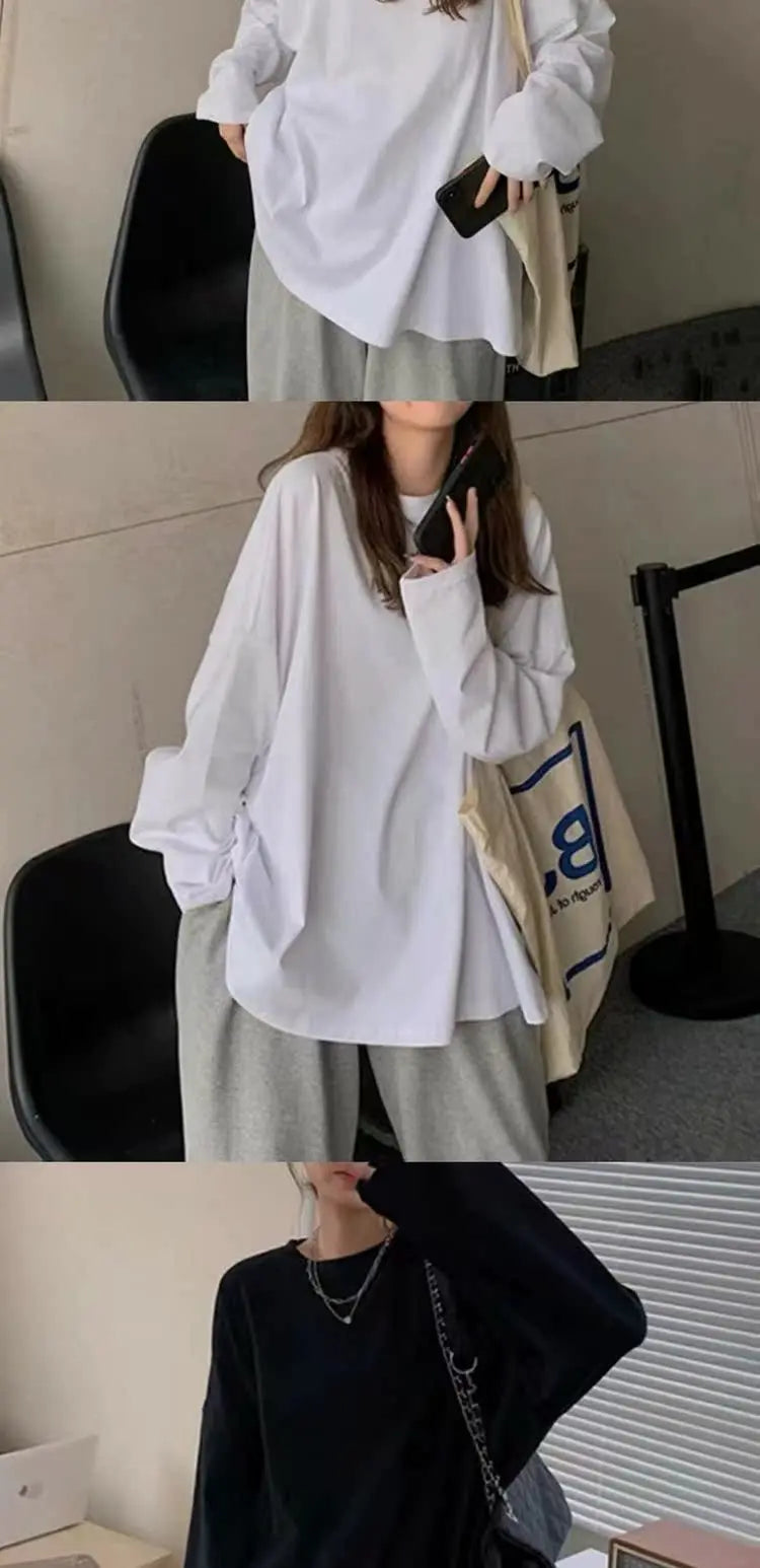 Spring Autumn Women’s Loose Long Sleeve Basic T-Shirt – Casual Round Neck Top Polyester Spandex