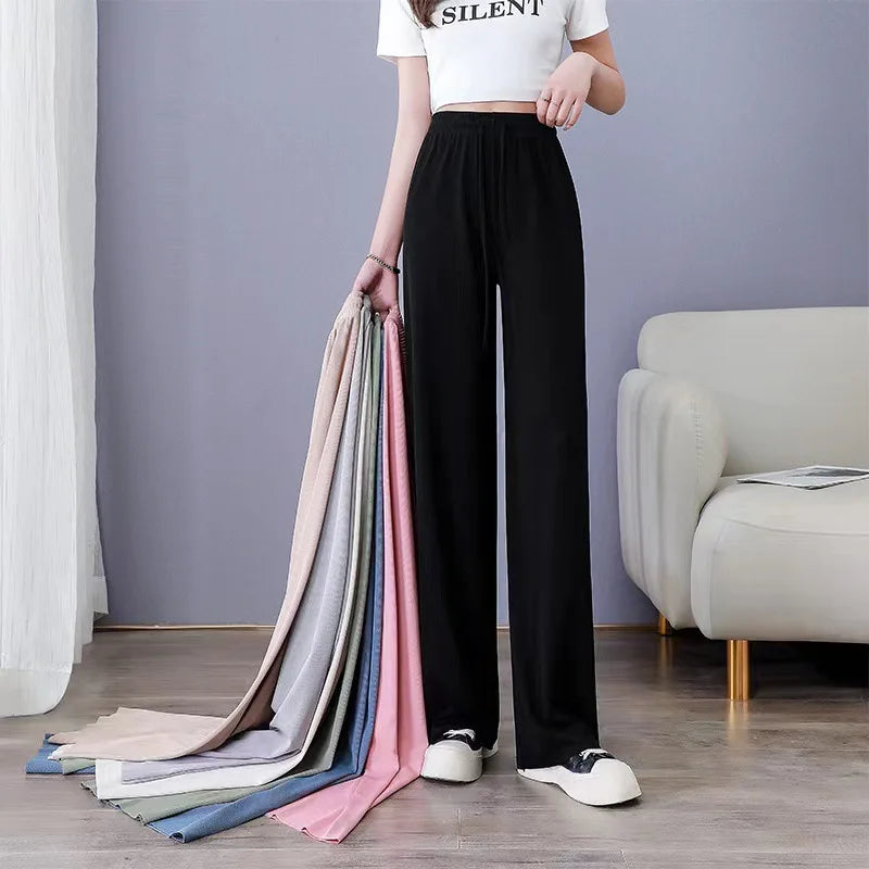 2025 Women’s Ice Silk Wide Leg Pants | High Waist Loose Straight Casual Trousers for Summer