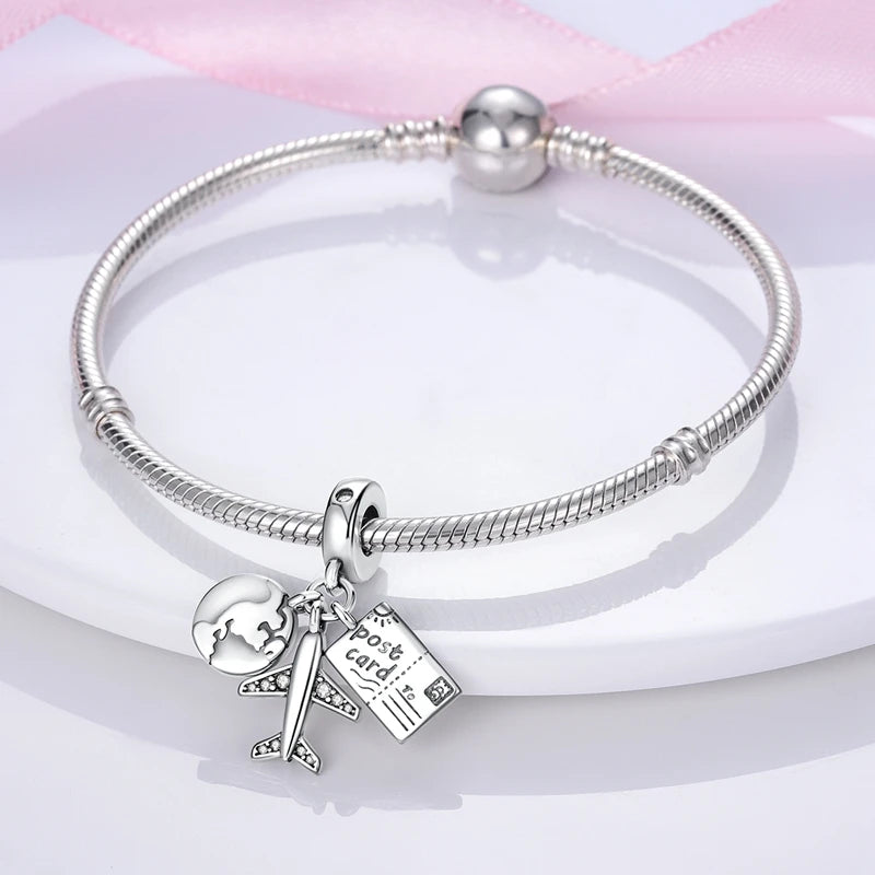 925 Sterling Silver Golden Charms Bow Cross Earth Passport Dangle | Fits Original Bracelet DIY Jewelry Gift for Women