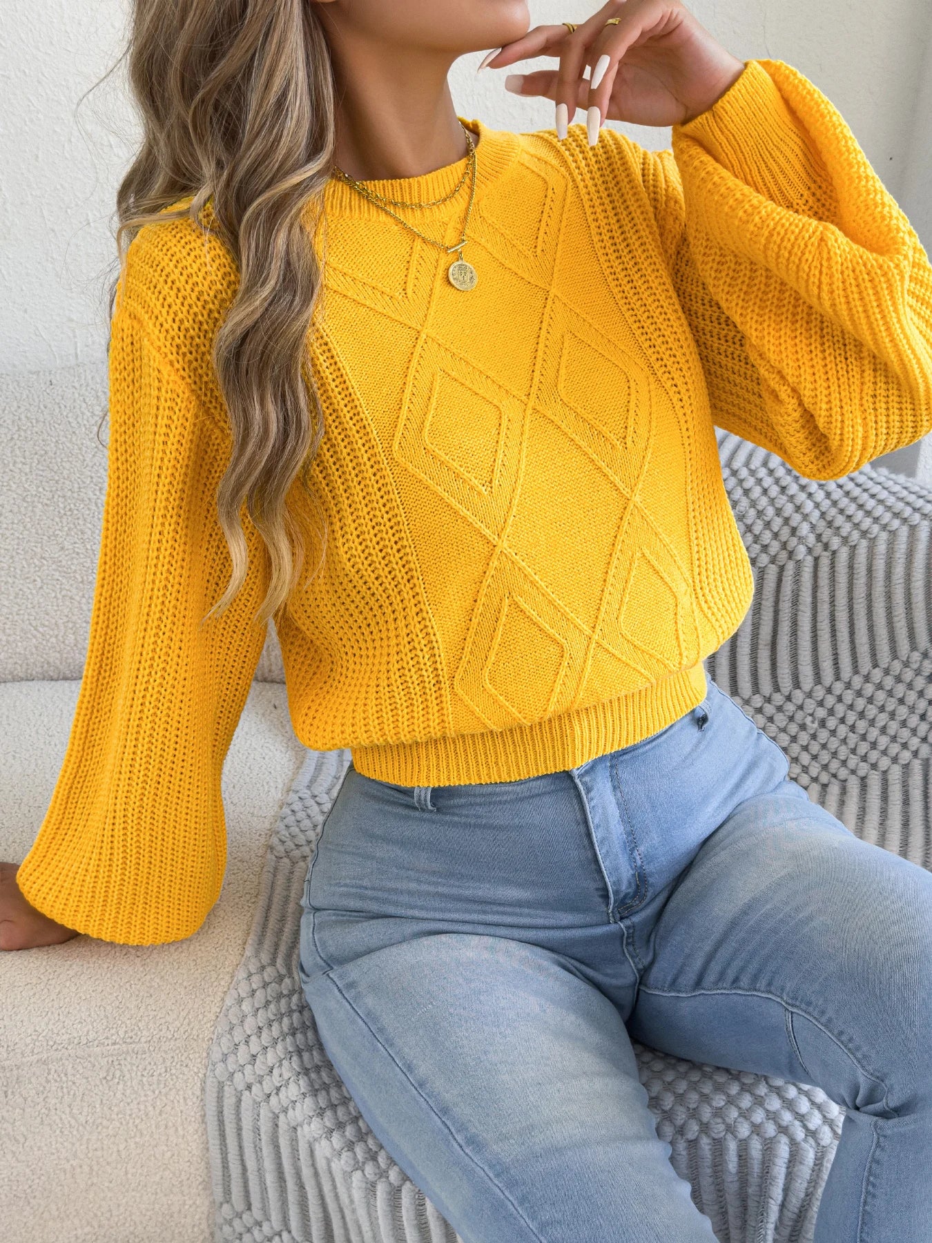 Women’s Round Neck Lantern Sleeve Knitted Sweater – Solid Color Autumn Winter 2025 Knitwear (Yellow, Red, Khaki)