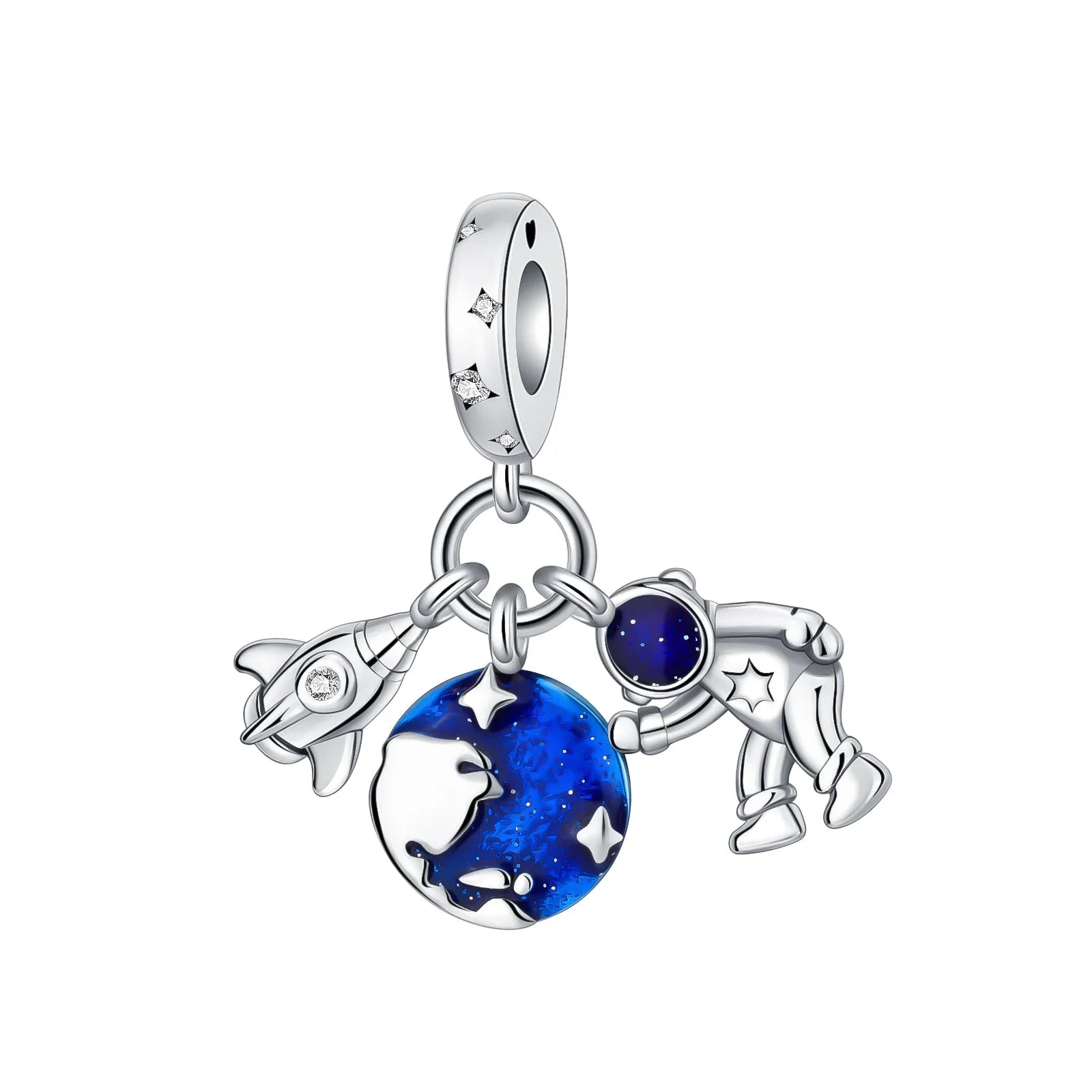925 Sterling Silver Blue Moon Plane Space Series Glass Beads Clip Charm for Bracelet