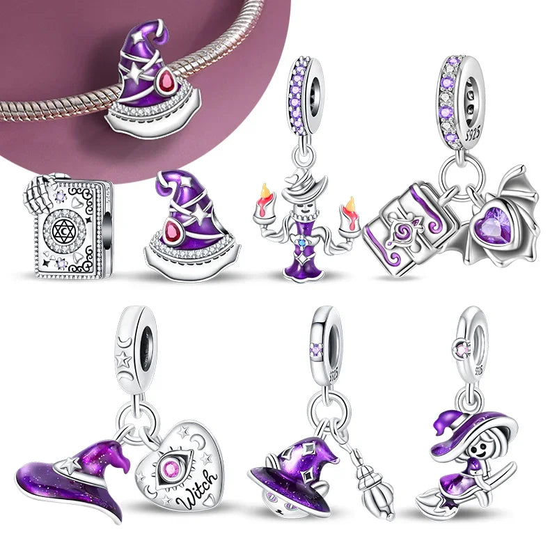 925 Sterling Silver Purple Flying Witch Hat & Magic Book Charm – Fits Original Bracelet DIY Halloween Jewelry Gift for Women