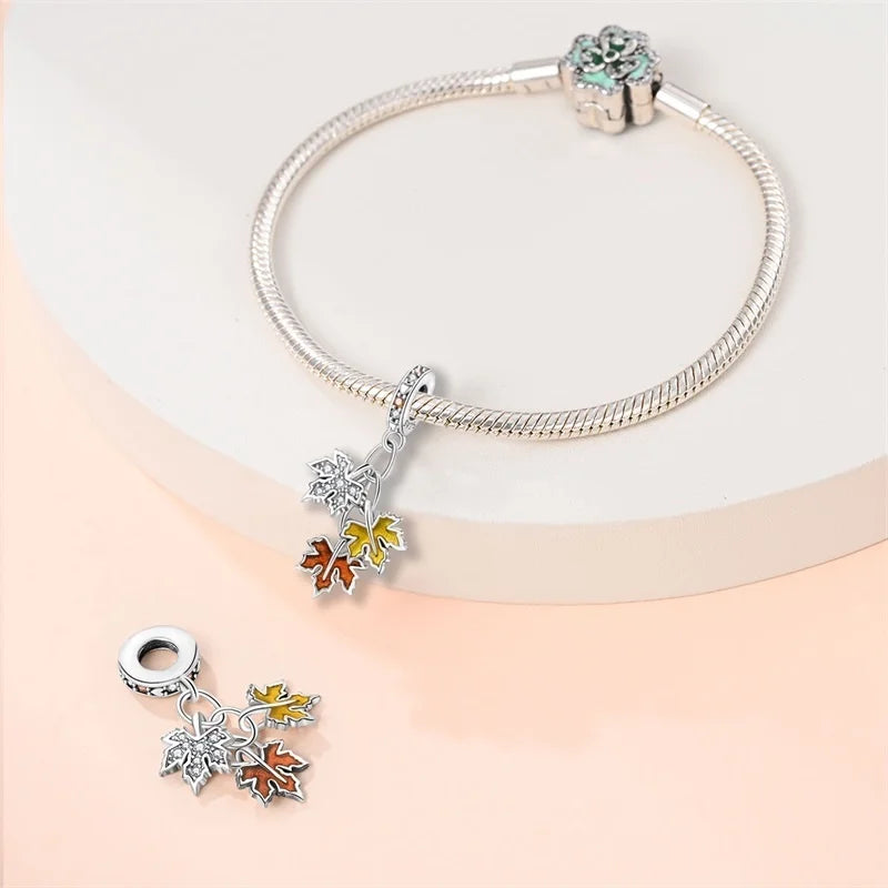 925 Sterling Silver Squirrel & Maple Leaf Charm | Shiny Zircon Autumn Beads Fit Pandora Bracelet DIY Jewelry