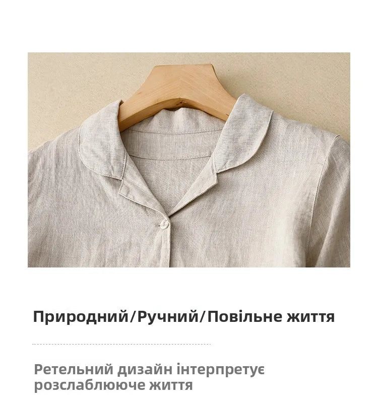 Pure Linen Shirt Dress – Women's Summer Lightweight Breathable Long Dress, Loose Plus Size with Slimming Belt