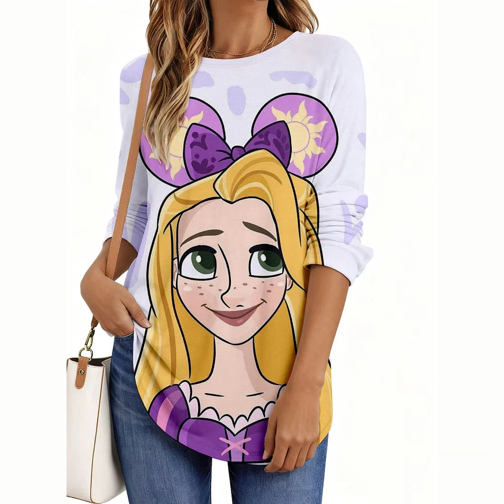 Disney Princess Print Women’s Long Sleeve Shirt – Casual Weekend Holiday Loose Elegant Top 👑✨