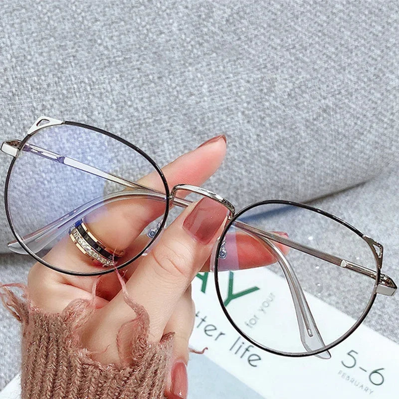 Fashion Anti Blue Light Glasses for Women – Thin Alloy Metal Cat Ear Round Frame | Computer Eye Protection Spectacles