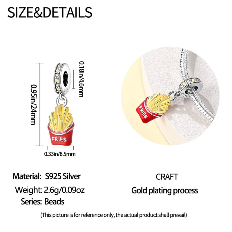 925 Sterling Silver Dessert Afternoon Tea Charm – Coffee, Cake, Pizza & Fries Beads Fit Original Pandora Bracelet DIY Jewelry