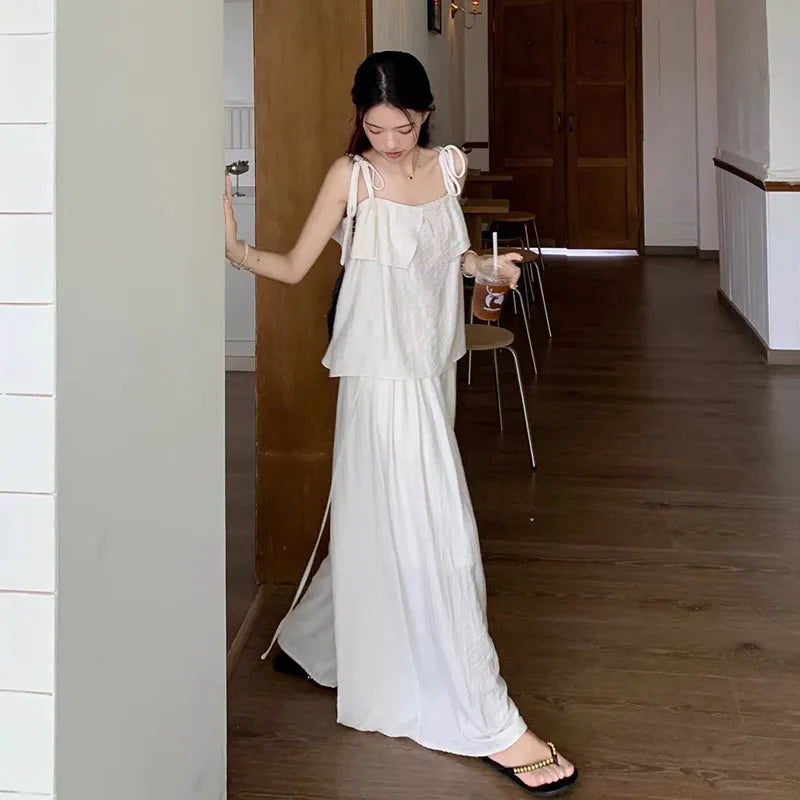 Casual Loose Women’s Two-Piece Set – White Lace Trim Strap Top & High Waist Wide-Leg Pants Summer Fashion Outfit