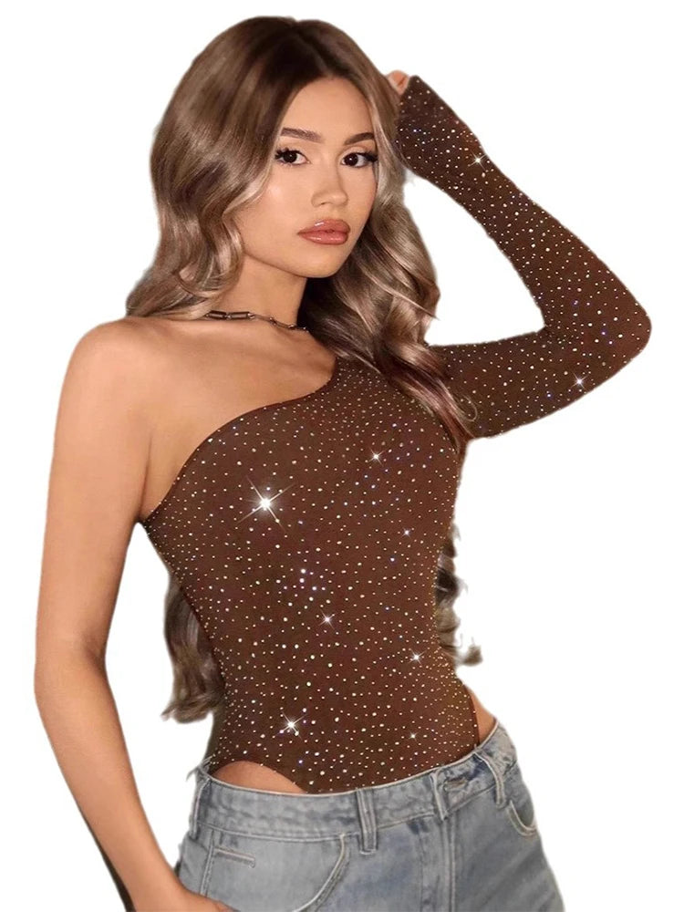 FHSEER Women’s Sexy One Shoulder Rhinestone Bodysuit – Asymmetric Long Sleeve Slim Fit Party Outfit ✨🔥
