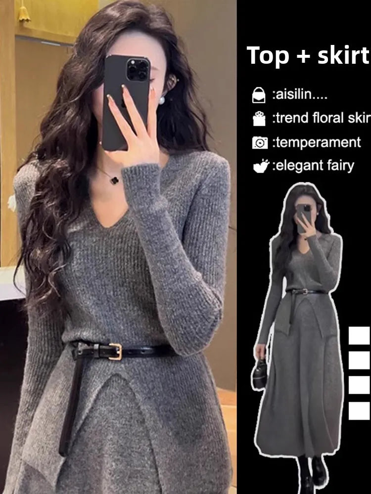 Hebe Style Knitted Two-Piece Set for Women – Slim Fit High Waist Sweater & Split Skirt | Elegant Autumn Winter Korean Outfit