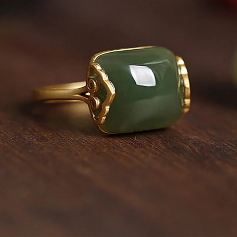 PANJBJ 925 Sterling Silver Hotan Jade Geometric Adjustable Ring | Retro Delicate Jewelry Gift for Women