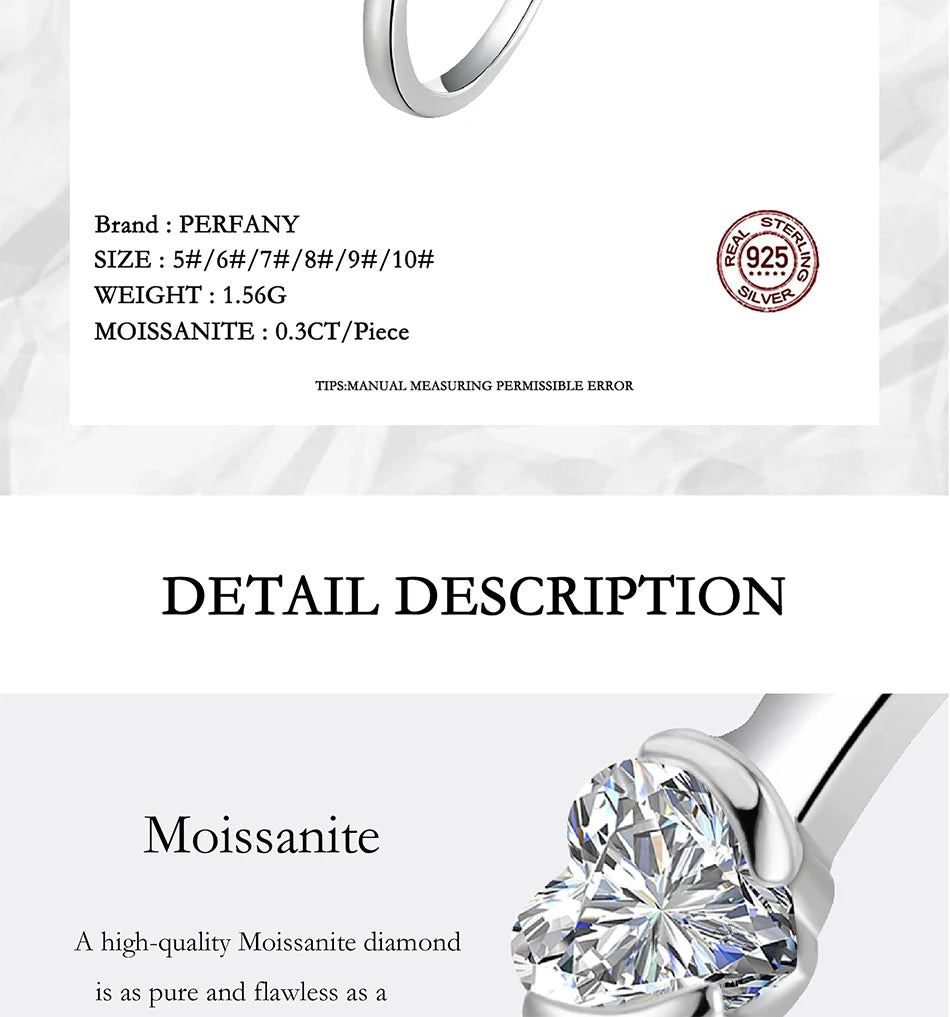 PERFANY 0.3CT Heart Cut Moissanite Ring S925 Silver | Women’s Classic Wedding & Party Jewelry