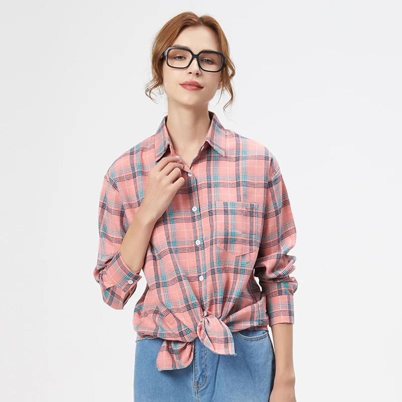 Fresh Flannel Plaid Shirt for Women | 2025 Loose Cotton Long Sleeve Casual Blouse & Top