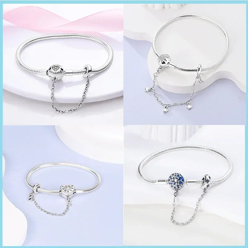 925 Silver Bracelet 17–20CM with Butterfly, Flower, Cat, Shell, Moon & Starfish Charms – DIY Birthday Jewelry Gift