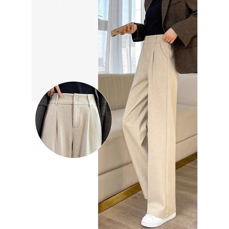 2024 Autumn Winter Women’s Woolen Wide Leg Pants – High Waist Thick Draping Trousers