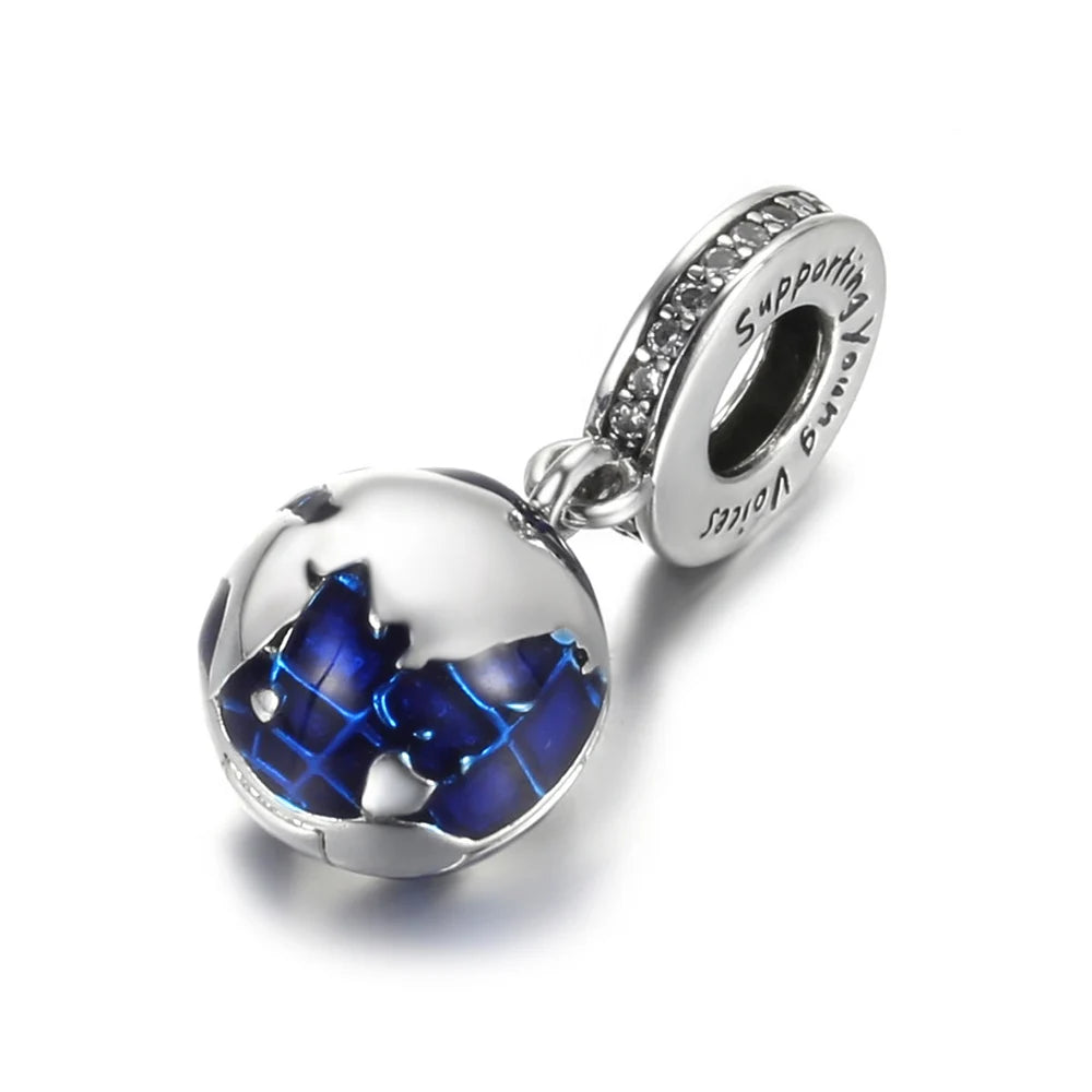 925 Sterling Silver Blue Planet & Dolphin Galaxy Dangle Charm | Women’s Bracelet DIY Jewelry