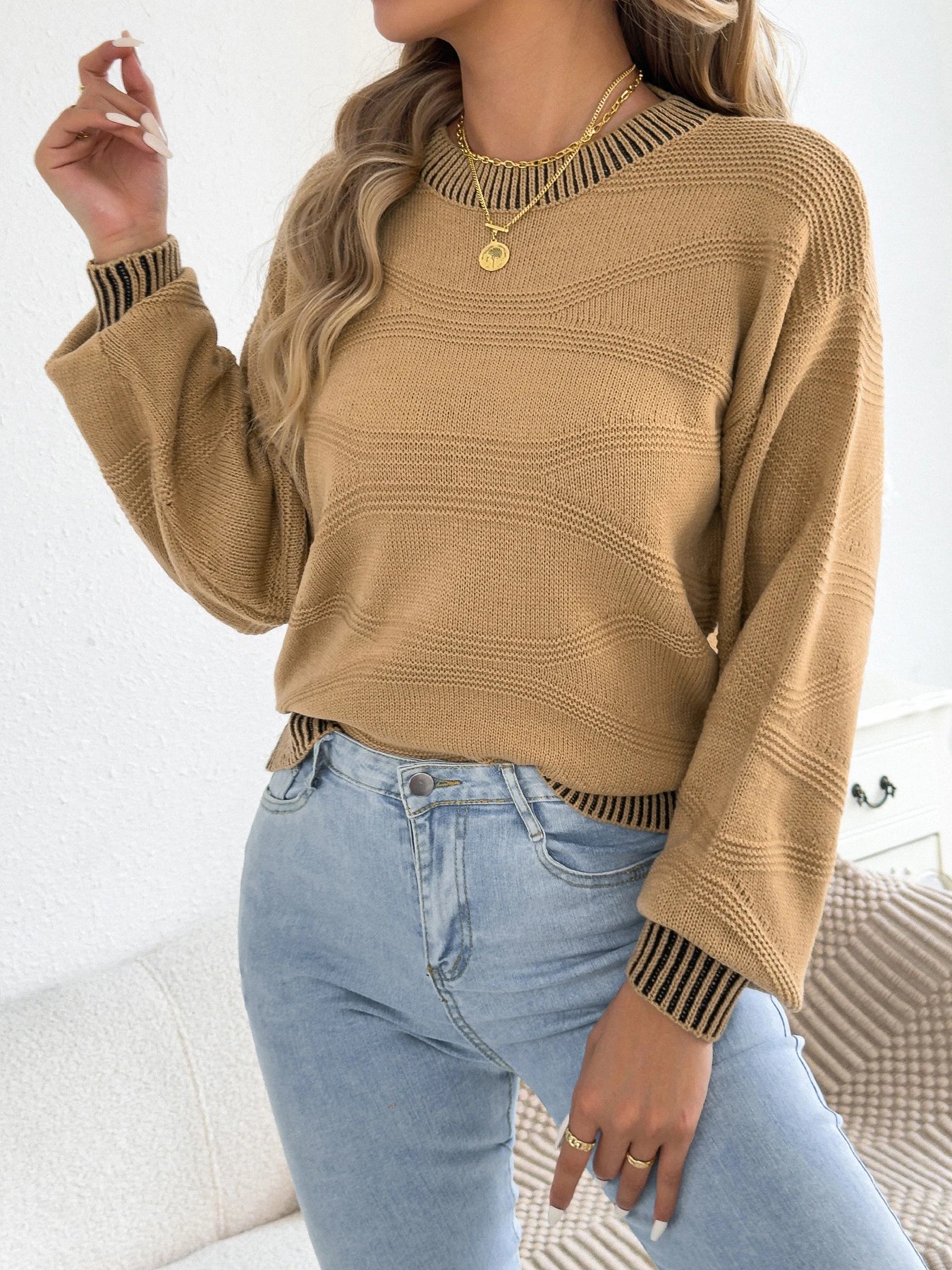 2025 Women’s Autumn Winter Round Neck Striped Sweater – Lantern Sleeve Knitted Pullover