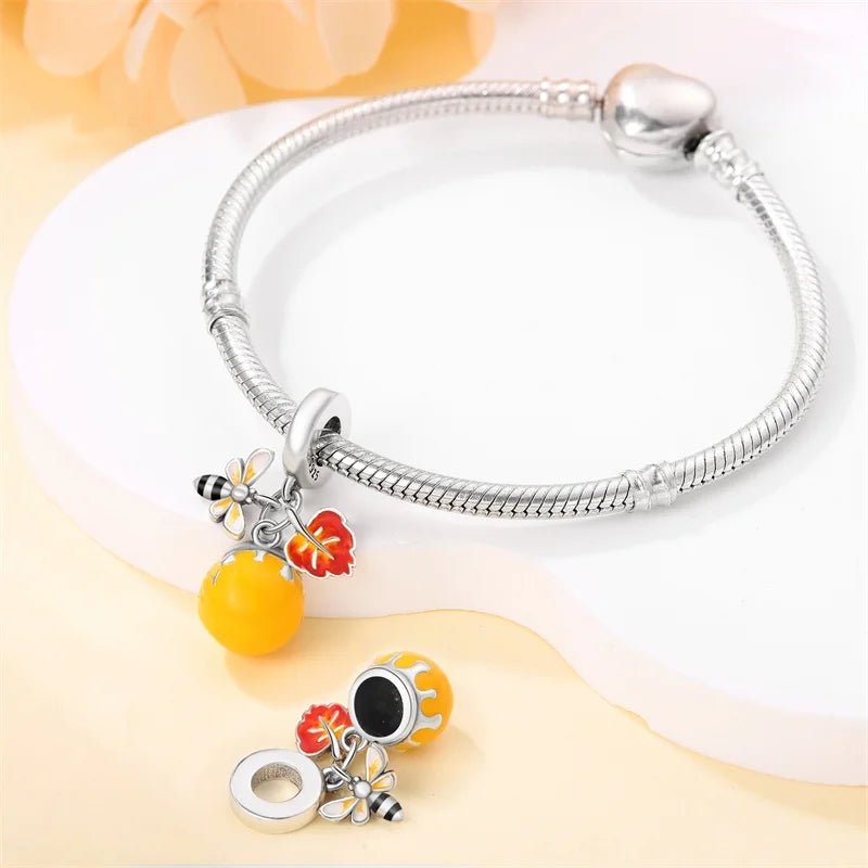 925 Sterling Silver Squirrel & Maple Leaf Charm | Shiny Zircon Autumn Beads Fit Pandora Bracelet DIY Jewelry