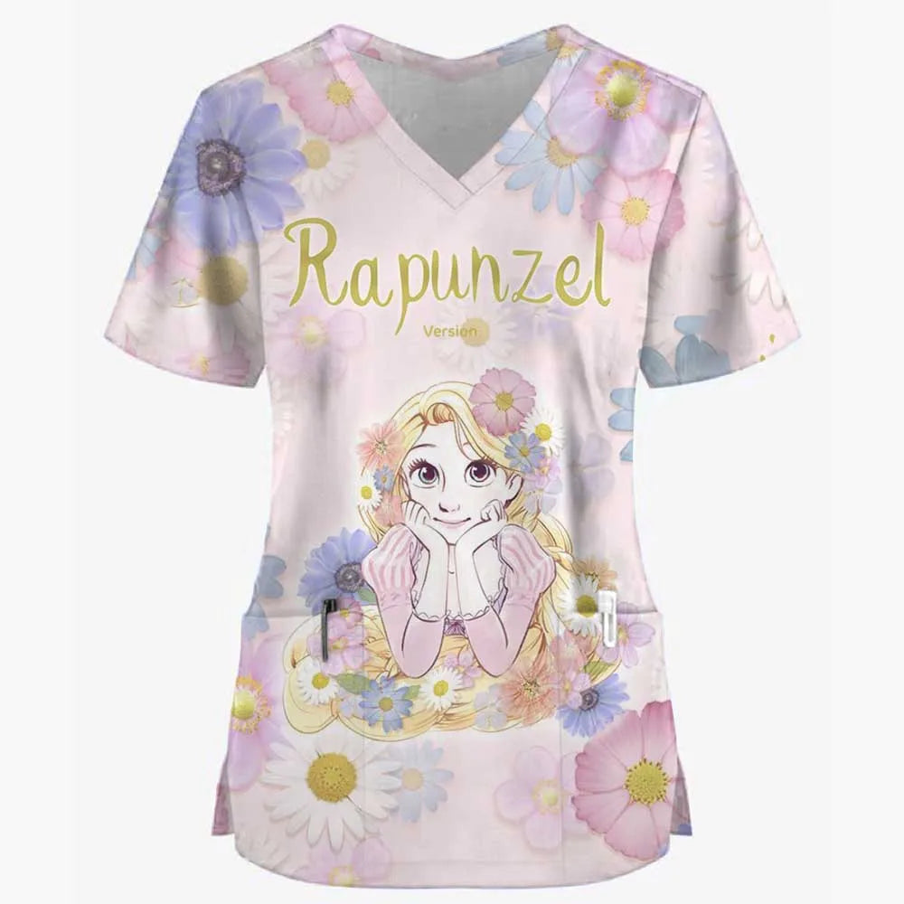 Disney Princess Ariel & Elsa Print Scrub Tops – Women’s Nurse & Dentist Work Uniform 👩‍⚕️✨