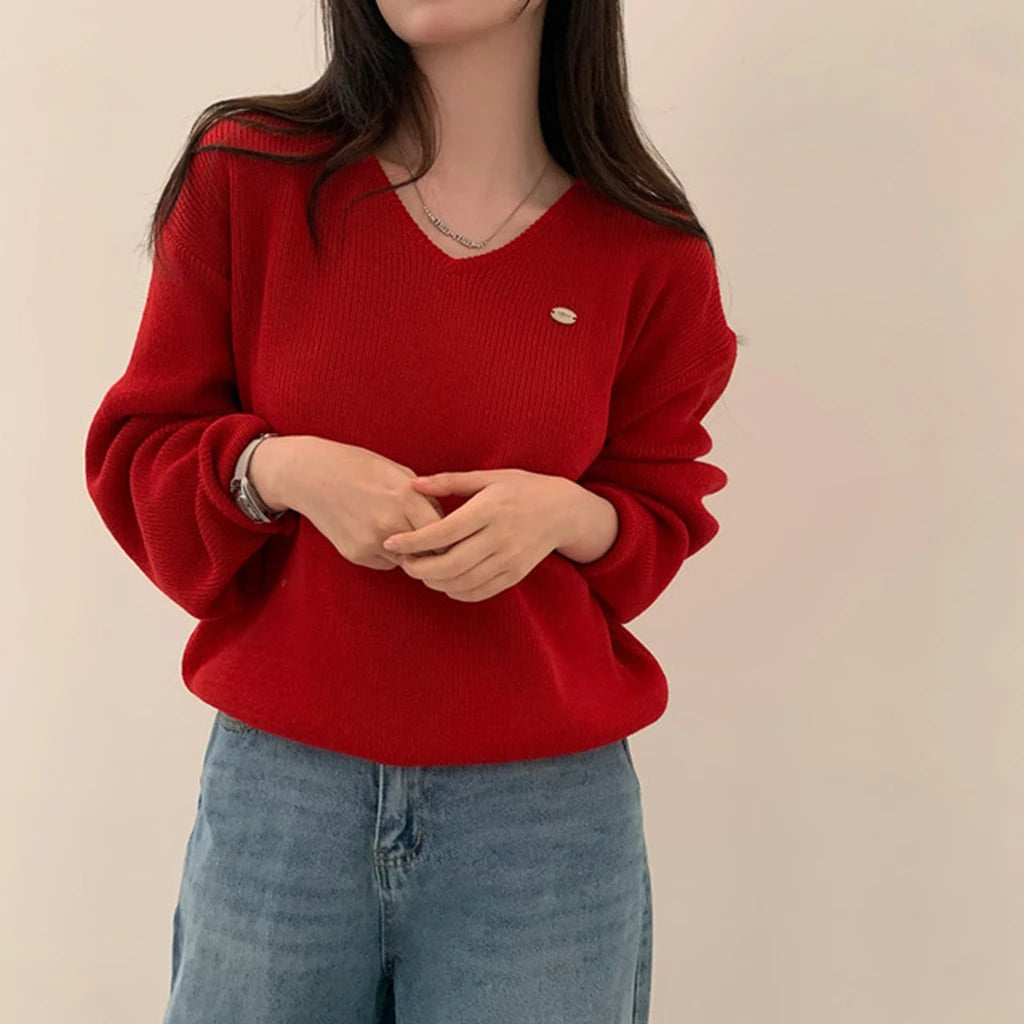 Loose Women’s Knitwear V-Neck Long Sleeve T-Shirt – Casual Comfortable Fashionable Autumn Top New Arrival