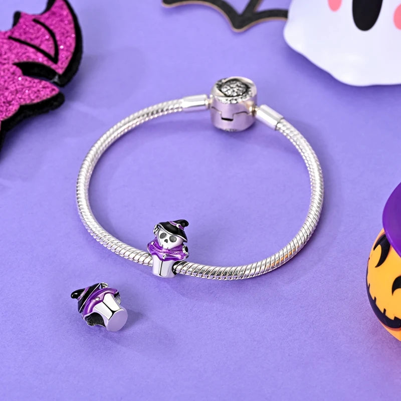Halloween 925 Sterling Silver Charms | Pumpkin Skeleton Witch Bat Beads for Bracelet DIY Jewelry