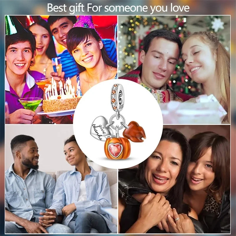 925 Sterling Silver Squirrel & Maple Leaf Charm | Shiny Zircon Autumn Beads Fit Pandora Bracelet DIY Jewelry