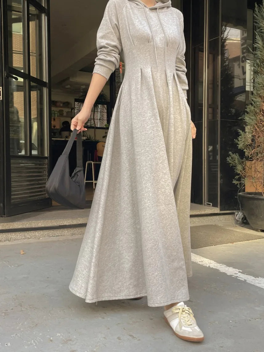 🍂 Chic Autumn Pleated Waist Slimming Long Sleeve Hooded Dress 👗 Women’s Long Dress Lazy Style Comfy Commute Wear