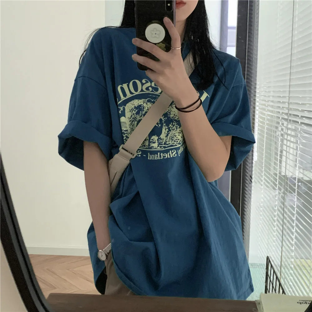 Trendy Oversize Long Sleeve T-Shirt – Women’s Loose Fit Korean Style Summer Vintage Text Top