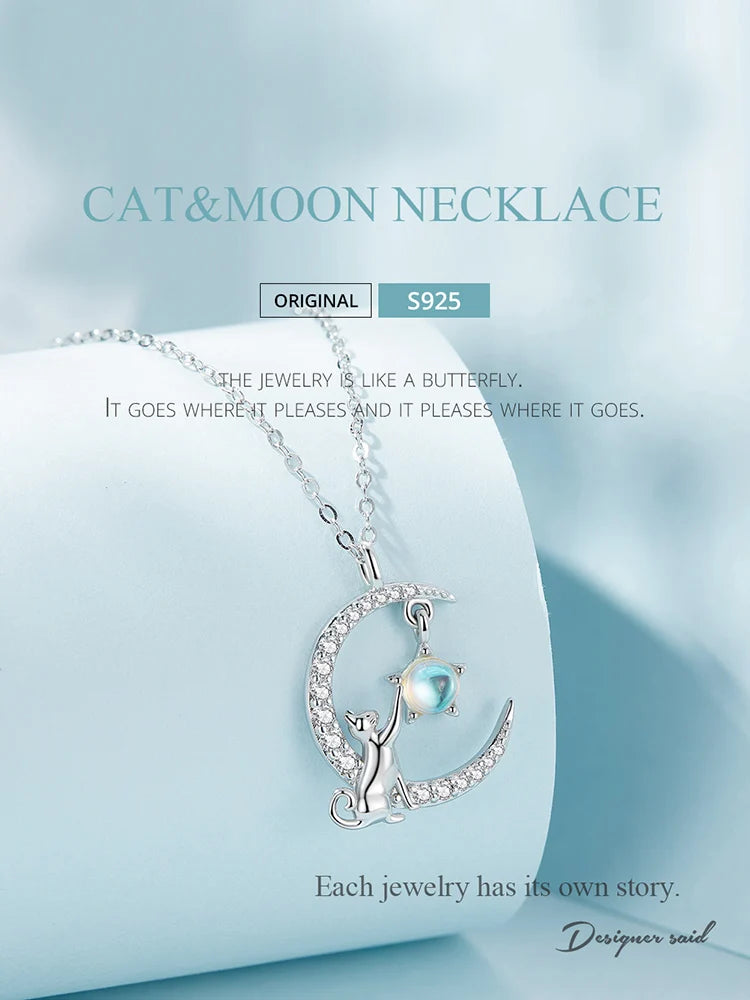 WOSTU 925 Sterling Silver Cat & Rabbit Moon Necklace | Star Zircon Pendant for Women Fine Jewelry Gift