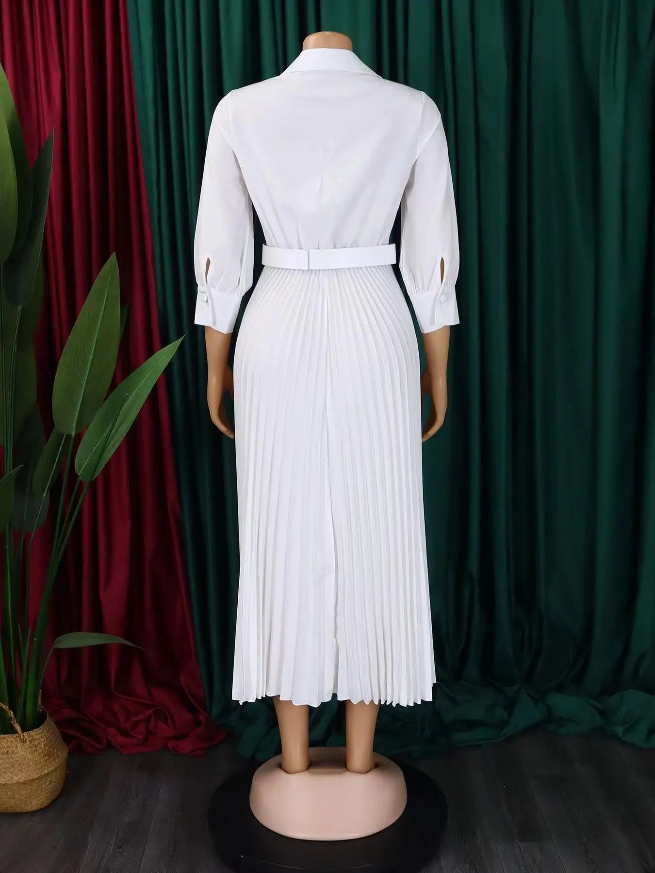2024 Autumn Solid V-Neck Belted Dress – Slim Fit Mid-Length Elegant Commuting Dress for Women | Plus Size Fashion