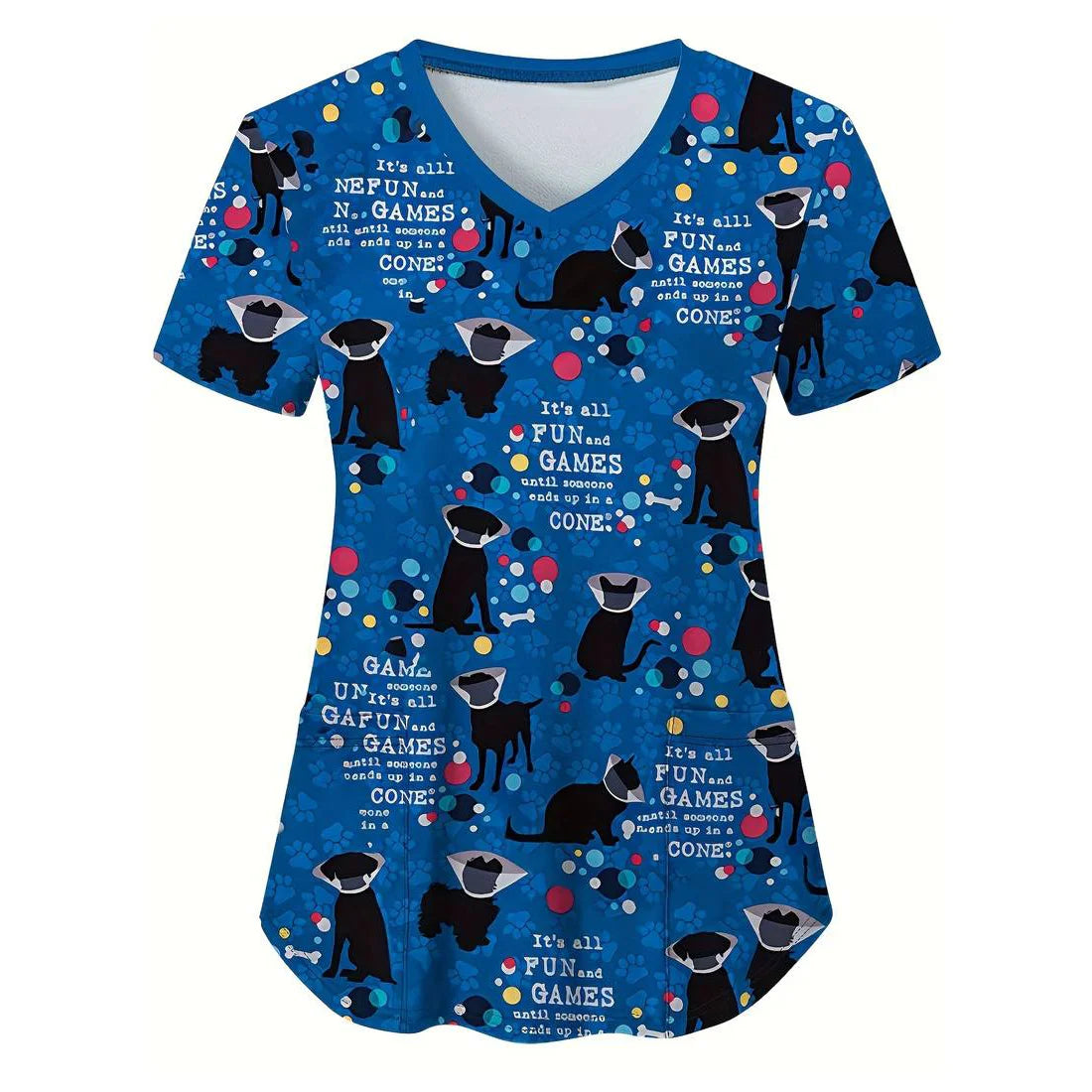 Women’s Medical Scrub Top – Cute Cartoon Print V-Neck Short Sleeve Nurse Dental Uniform 🩺🎀
