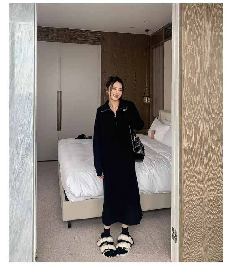 2025 Spring Autumn Knitted Midi Dress for Women | Long Sleeve Loose Fit Base Layer Straight Cut Polyester Dress