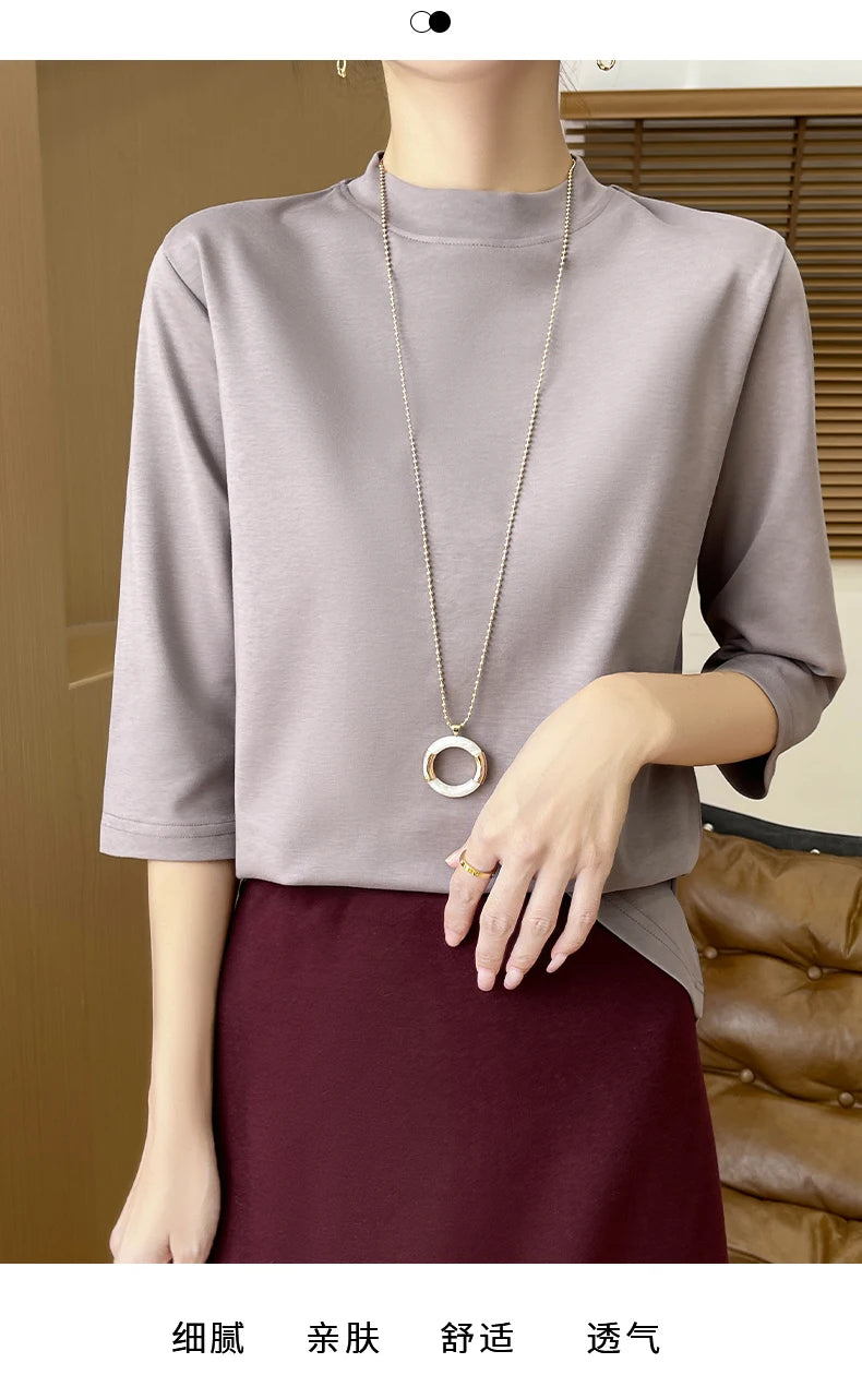 Women’s Cotton T-Shirt | Semi-High-Neck Cropped Sleeve Top | Loose Solid Color Summer & Autumn Bottoming Tee