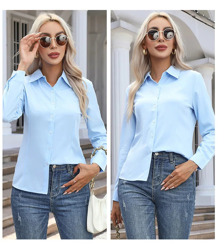 Women’s Solid Color Long Sleeve Shirt – Spring Autumn Casual Turn-Down Collar Loose Top