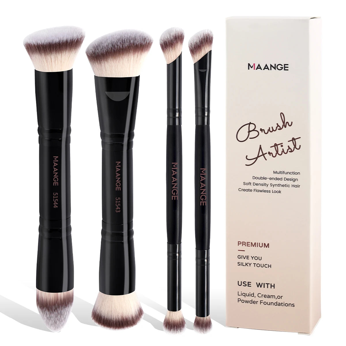 MAANGE 4pcs Basic Makeup Brushes Set with Box – Dual-Ended Foundation, Powder, Blush & Eyeshadow Brushes for Beginners & Travel