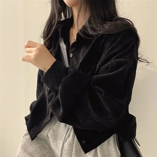 Black Corduroy Cardigan for Women | Korean Loose Fit Long Sleeve Jacket 2025
