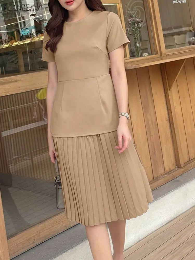 Women Pleated Dress 👗 Elegant O-Neck Short Sleeve Fitted Waist A-Line Knee-Length Dress 🌸 ZANZEA Fashion