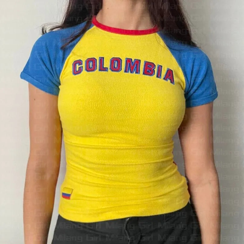 Y2K Colombia Print Punk Grunge Patchwork T-Shirt – Women’s Slim Sexy Crop Top Streetwear