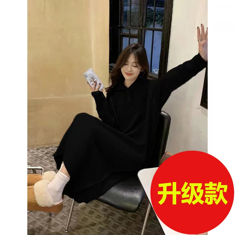 Women’s V-Neck Knitted Dress – Loose Fit Mid-Length Knee-Over Sweater Dress, Autumn Winter Base Layer Inner Wear
