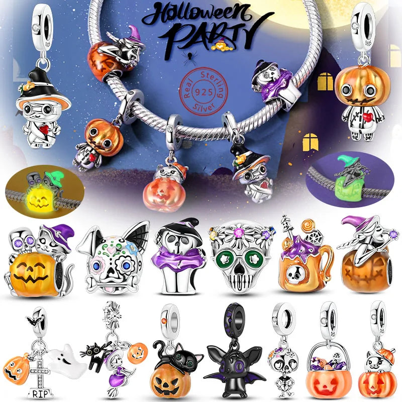 Halloween 925 Sterling Silver Charm Bead – Pumpkin, Witch, Skeleton, Mummy & Candy Pendant for DIY Original Bracele