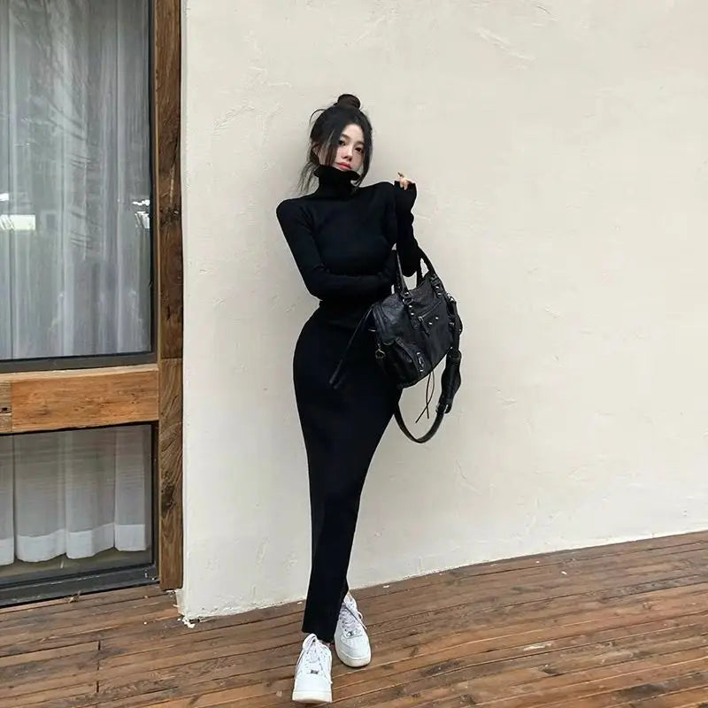 Slimming Black Long Sleeve High Collar Bodycon Dress – Tight Base Layer Wrap Skirt | Women’s Fashion Spring Autumn