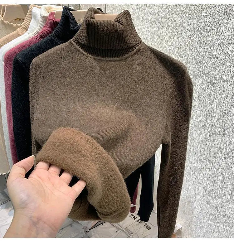 2025 Women’s High Collar Pullover Sweater – Thick Warm Soft Winter Top | Solid Color Bottoming Shirt