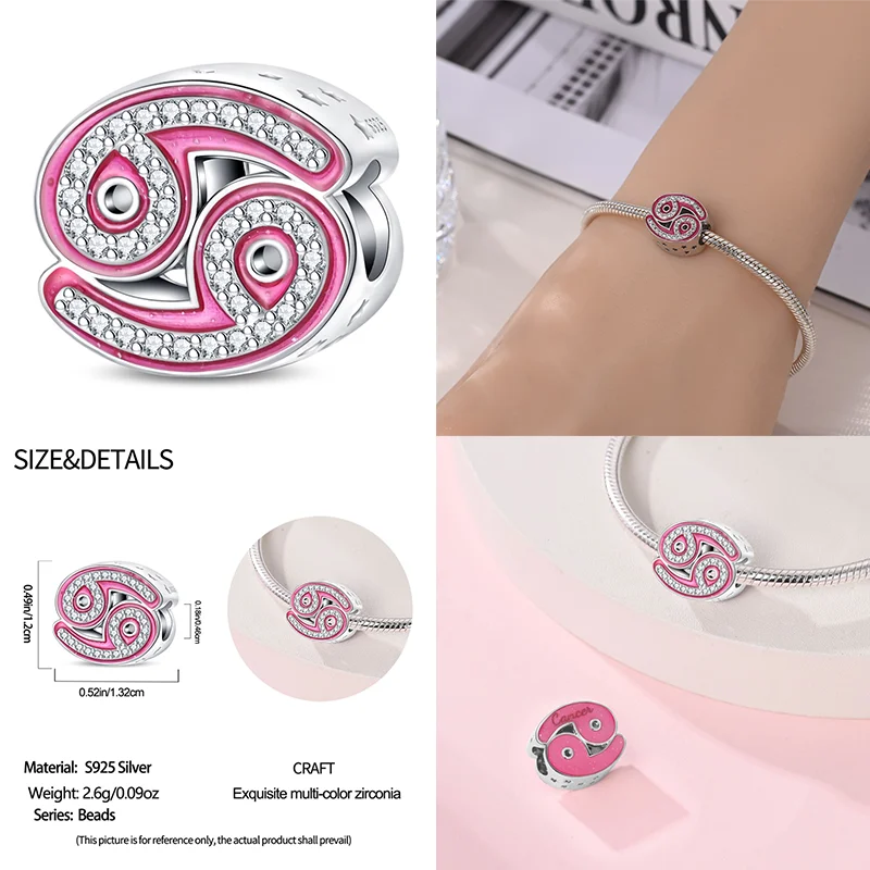 925 Sterling Silver Pink Zircon 12 Zodiac Signs Charms | Fit Original Pandora Bracelets DIY Jewelry Gift for Women