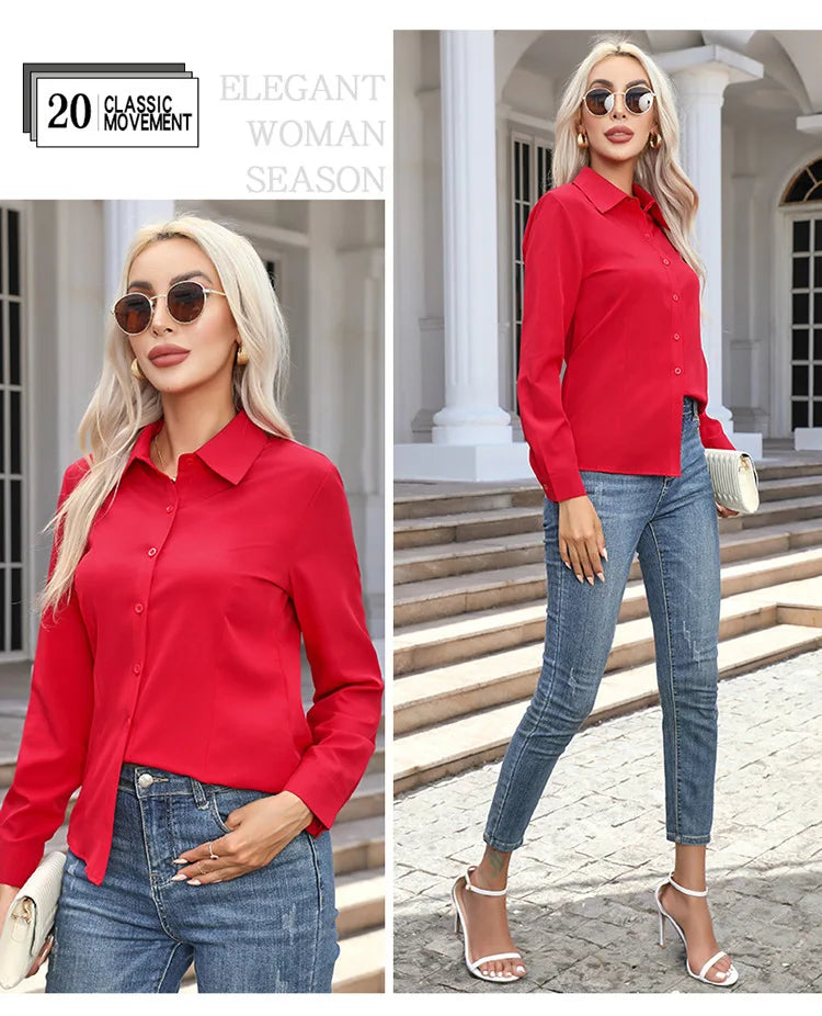 Women’s Solid Color Long Sleeve Shirt – Spring Autumn Casual Turn-Down Collar Loose Top