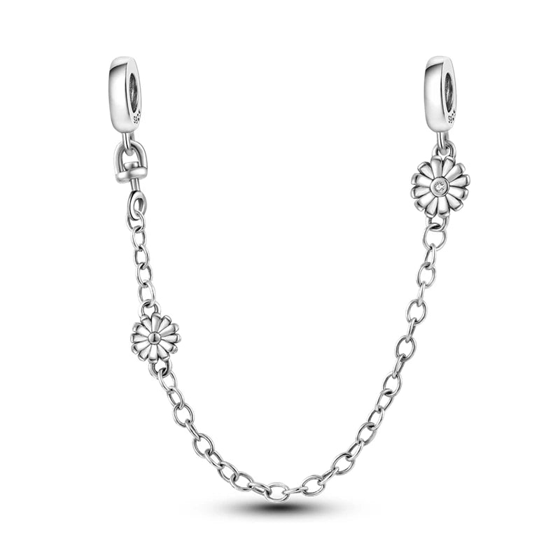 925 Sterling Silver CZ Pave Daisy Clip Charm & Safety Chain – Fits Original Pandora Bracelet, Women’s Silver Stopper Beads Jewelry