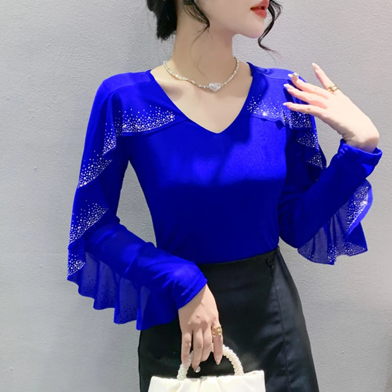 2025 Autumn Women’s Mesh Top – Korean Round Neck Ruffles & Diamond Detail Long Sleeve T-Shirt 🍂✨