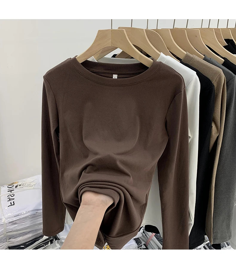 Women’s Winter Thickened Fleece-Lined Round Neck Long Sleeve Base Shirt | Slim Fit Solid Color Thermal Inner Wear Top