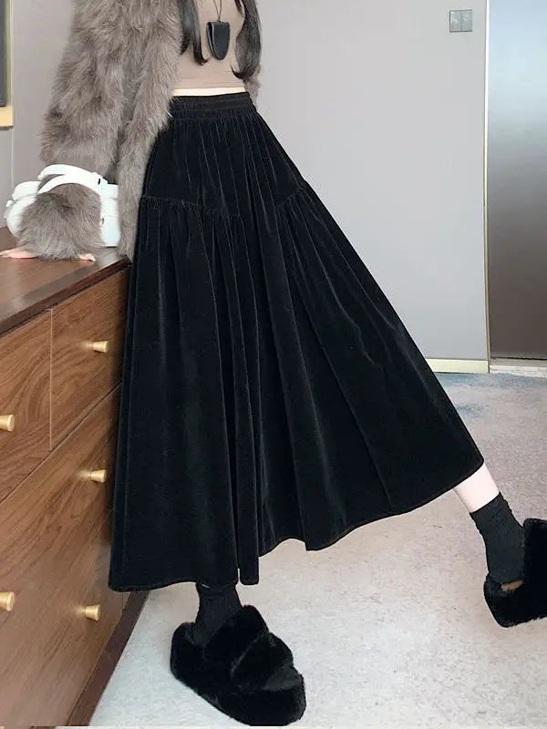Plus Size Black Velvet Midi Skirt – High Waist A-Line Autumn Winter Mid-Length Skirt for Women